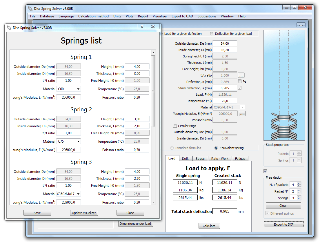 Disc Spring Solver calculator for Belleville washers and disc springs problems Features